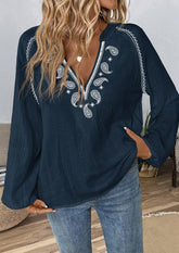 Embroidered V Neck Long Sleeve Boho Blouse